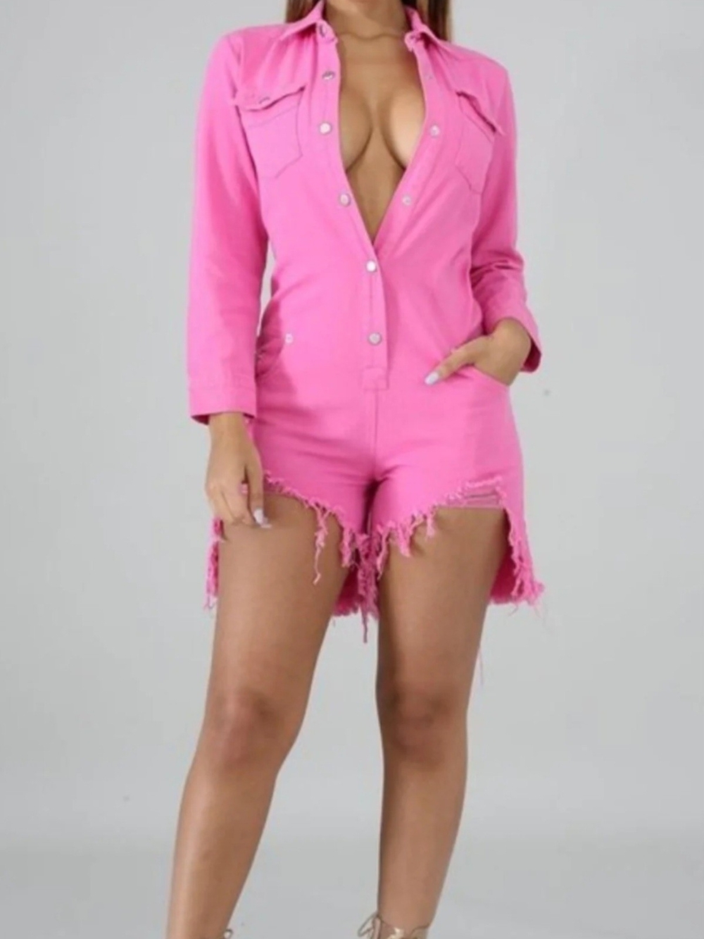 Hot Pink Button-Front Denim Romper By Athina Size Small.